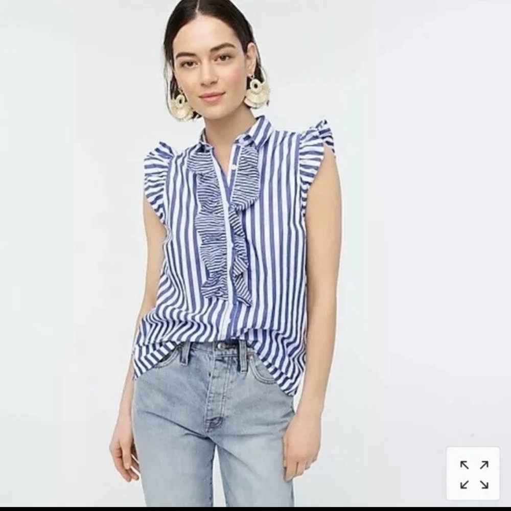 J. Crew Blue and White Striped Ruffle Blouse